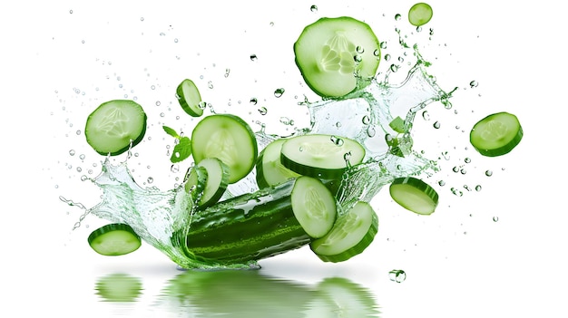 Cucumber in a refreshing splash isolated on white background illustration