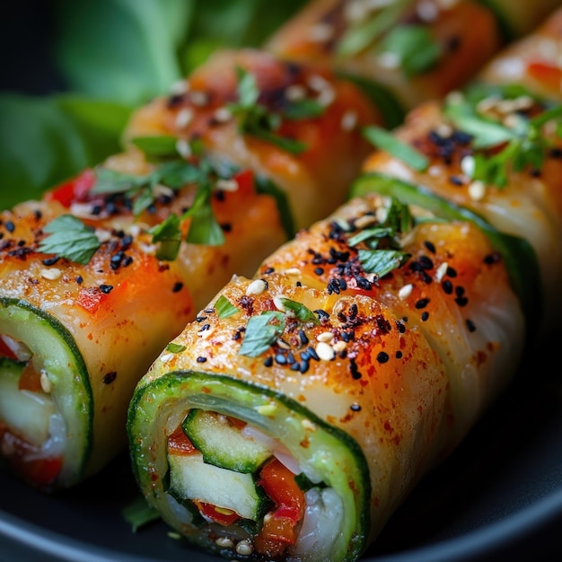 Cucumber Rolls with Vegetables and Sesame Seeds Realistic Food Photo