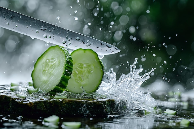 cucumber slices with knife and water drops and splashes on natural background