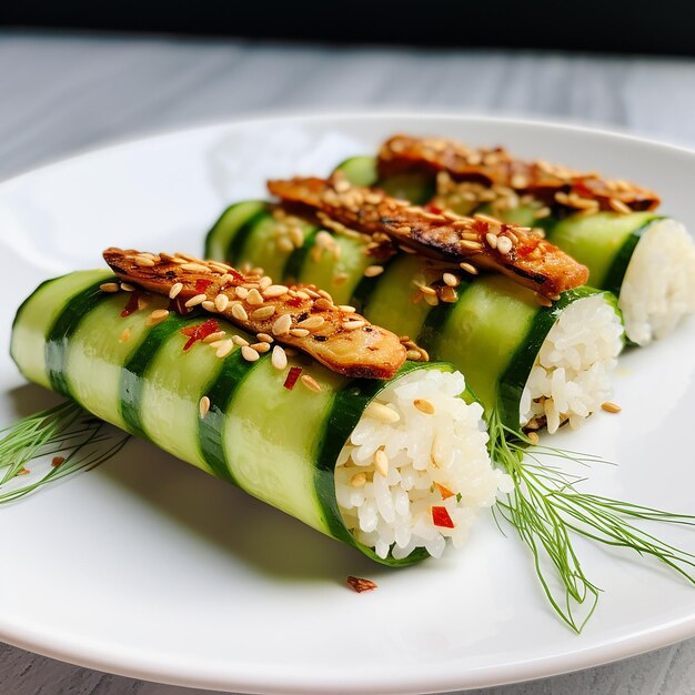 Cucumber Stuffed with Rice and Tempeh on a Plate