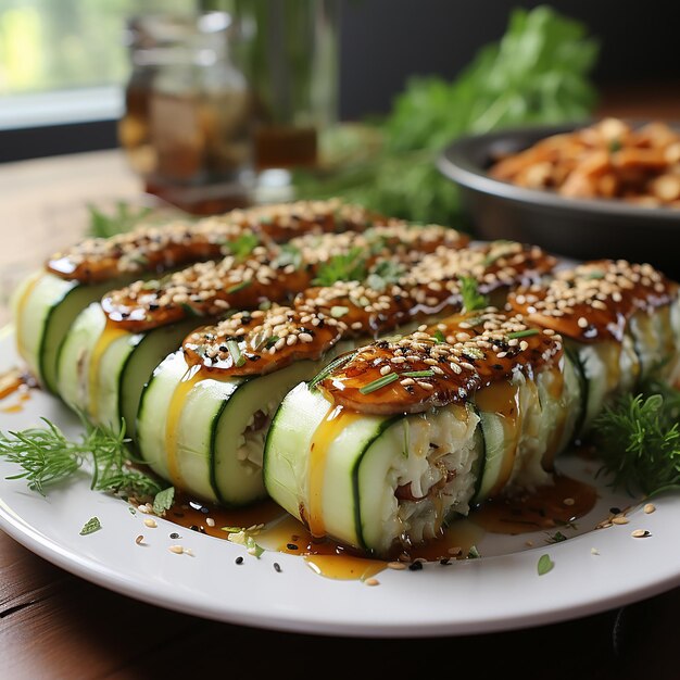 Cucumber Stuffed with Rice and Tempeh on White Plate