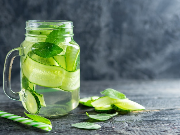 Cucumber water with mint closeup