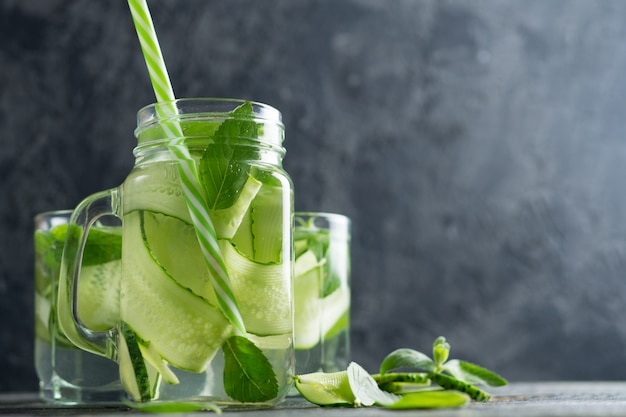 Cucumber water with mint closeup