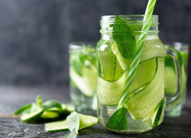 Cucumber water with mint closeup