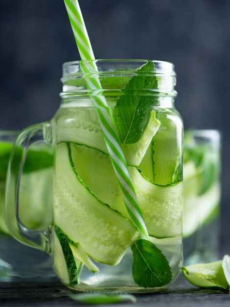 Cucumber water with mint closeup