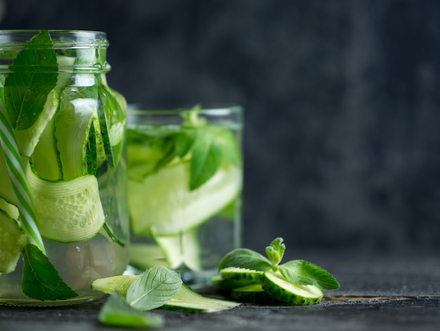 Cucumber water with mint closeup