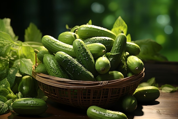 cucumbers on basket behind blurred green background vegan food concept