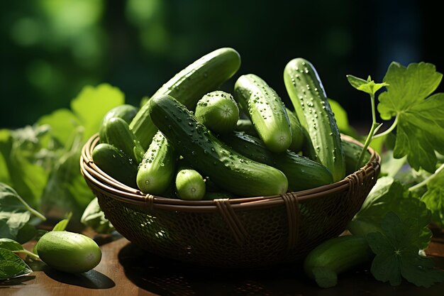 cucumbers on basket behind blurred green background vegan food concept