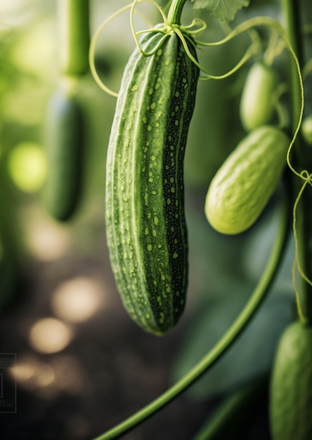 Cucumbers on a branch in a greenhouse Generative AI