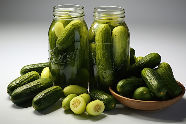 Cucumbers in a glass jar on a white background Generative AI