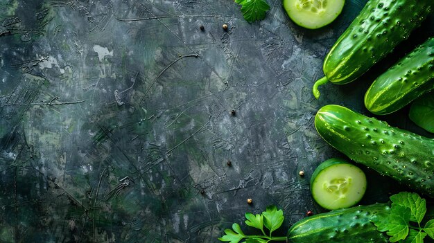 Cucumbers and herbs on dark background