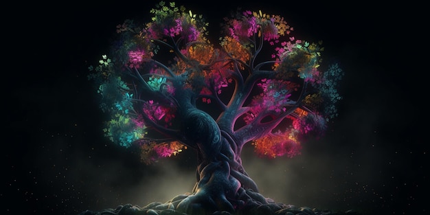 Cuddling love tree graphic on black background with a fantastical atmosphere include wildlife love themes