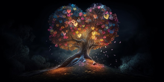 Cuddling love tree graphic on black background with a fantastical atmosphere include wildlife love themes