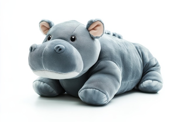 A cuddly gray hippo plush toy lounging comfortably against a soft white backdrop