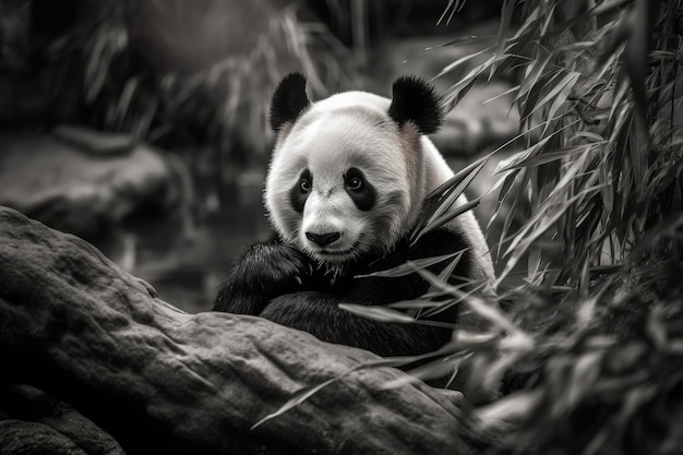 Cuddly panda hugs branch amid bamboo grove generative IA