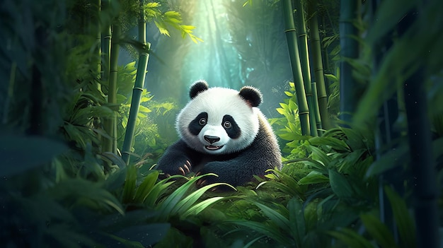 A cuddly panda peeking out of a bamboo forest AI generated