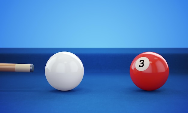 Cue hitting red ball number 3 on defocused blue billiard ball background 3D illustration