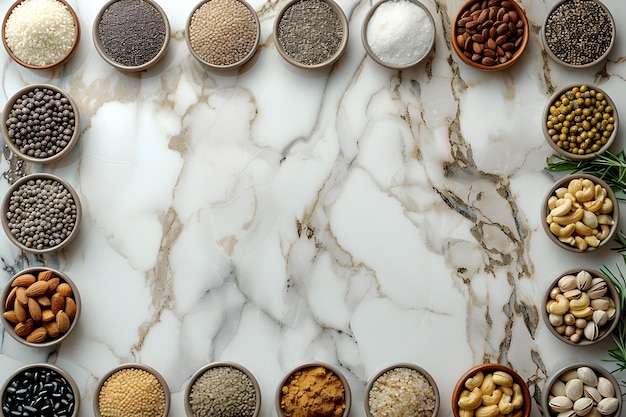 Cuisine ingredients like spices and nuts on a marble surface