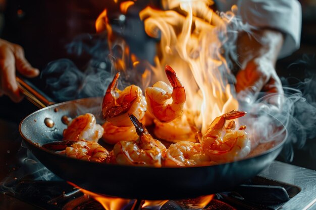 Photo culinary artistry chef flambeing shrimp with dramatic flames in action for print or poster