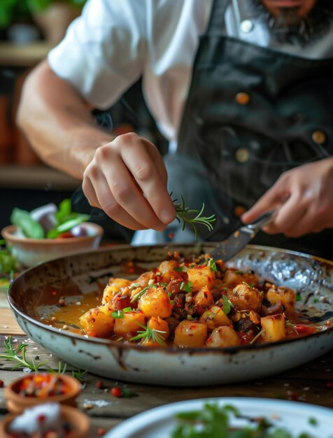 Photo culinary close up of a chefs hand adding herbs to gourmet patatas bravas in a modern kitchen