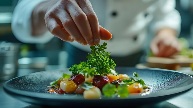 Photo culinary creativity a chef putting finishing touches on a dish with licorice flavor