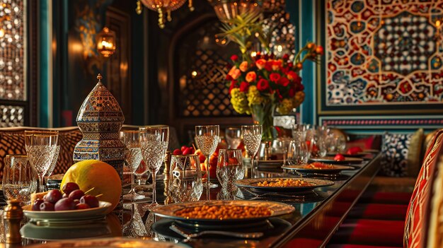 Culinary Elegance IslamicInspired Dining Area with Elaborate Table Setting Featuring Date Fruit