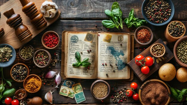 Photo culinary exploration with herbs and spices in rustic kitchen