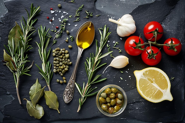 Photo culinary ingredients on slate surface