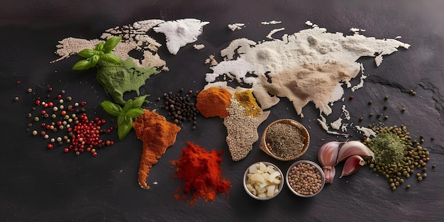 Photo culinary map highlighting unique ingredients from around the world concept food tourism global ingredients culinary exploration exotic flavors gastronomic adventure