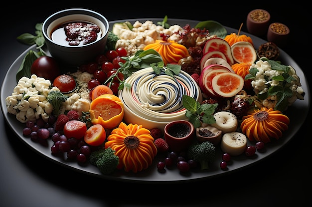 Photo a culinary masterpiece presented in a photorealistic plate of festive appetizers explore the artistry and flavor of exquisite culinary creations generative ai