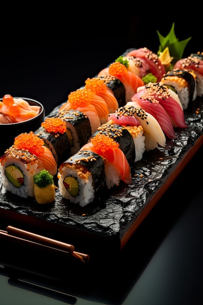 A culinary masterpiece unfolds as an array of sushi creations adorn a lacquered platter