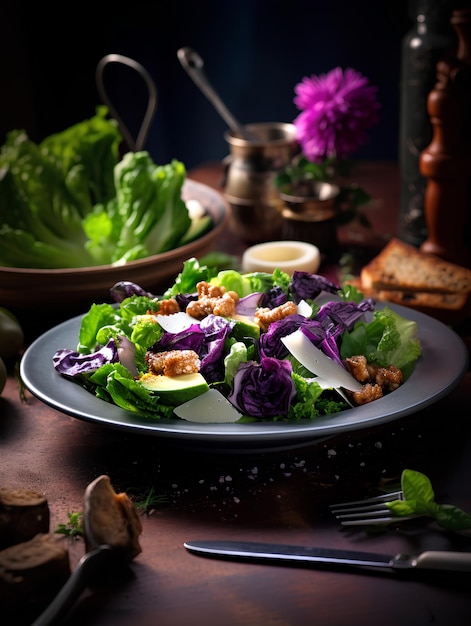 Photo culinary photography caesar salad and succulents rustic