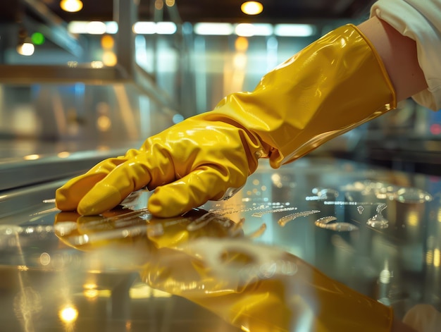 A Culinary Professional Ensuring a Spotless Surface Symbolizing Hygiene and Care in Food