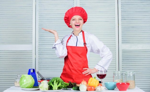 Culinary show concept Woman pretty chef wear hat and apron Delicious and easy recipes Best culinary recipes to try at home Lady adorable chef teach culinary arts Professional culinary tips