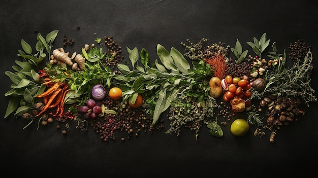 A Culinary Still Life of Herbs Spices and Vegetables