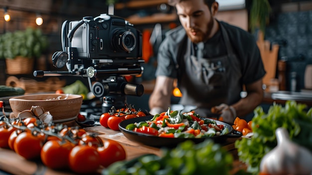 Photo culinary vlogger sharing a delicious recipe on camera in a warm kitchen ambiance generative ai