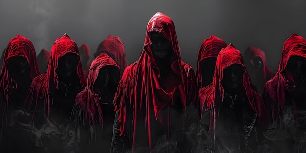 Cultists in red hoods perform dark ritual in shadowy setting Concept Cults Red Hoods Dark Rituals Shadowy Setting