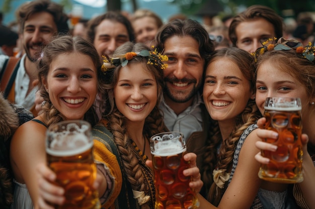 Photo cultural extravaganza oktoberfest celebrating bavarian traditions with lively music traditional attire festive gatherings embracing joy of community delicious cuisine iconic beer festivities