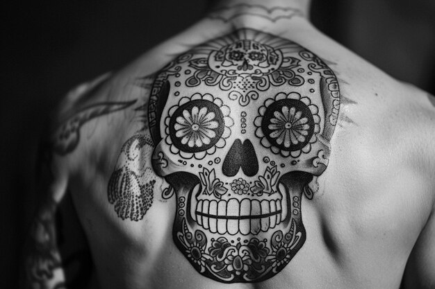 Photo the cultural significance of sugar skull tattoos a generative ai