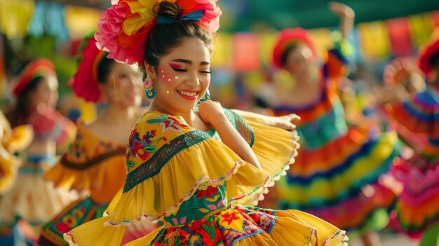 Cultural Summer Festival Dancers in Vibrant Costumes Synchronized to Traditional Music