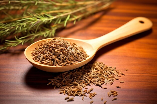 Cumin and caraway seeds in a white spoon on a rustic wooden board spices for cooking and seasoning