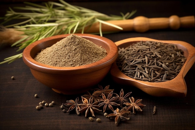 Photo cumin seeds and black cumin with powder ground cumin