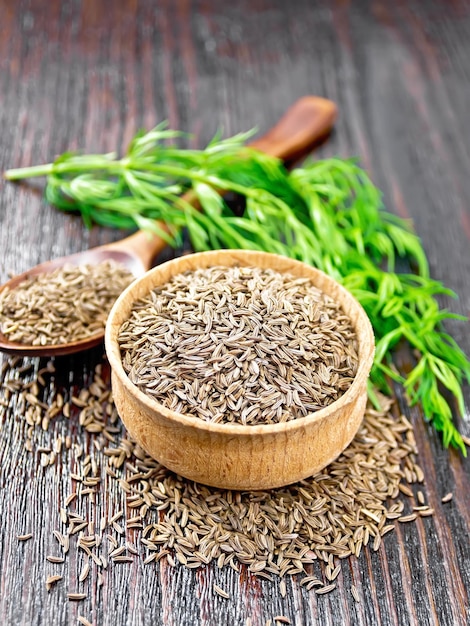 Cumin seeds in bowl and spoon with herbs on wooden board