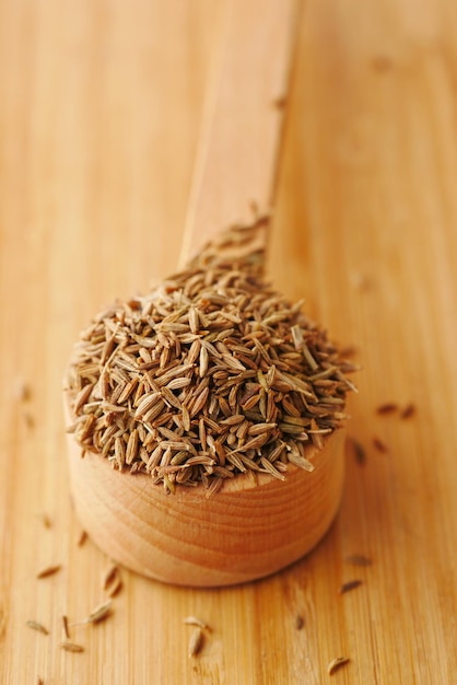 Cumin seeds on spoon on table close up