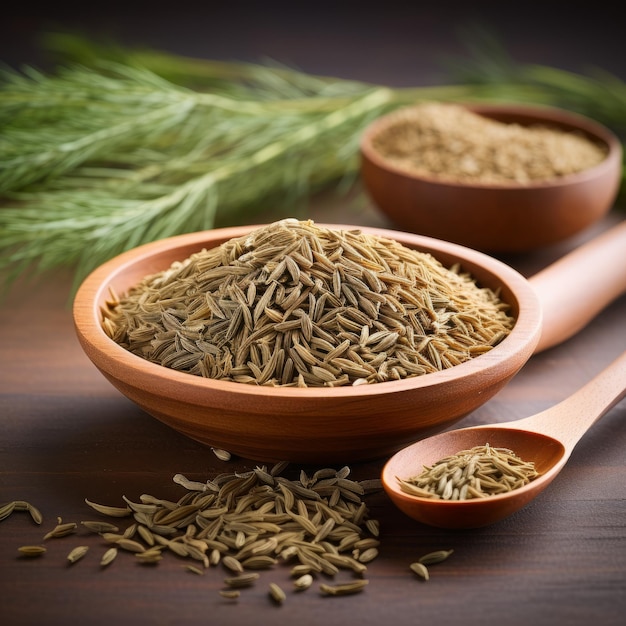 Cumin seeds in wooden bowl and spoon on rustic wooden background