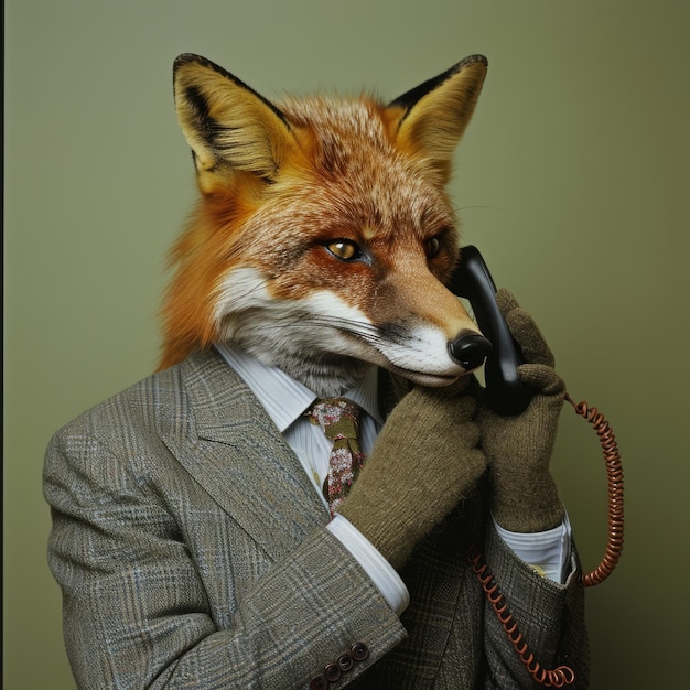 Photo cunning call anthropomorphic fox in business suit makes a phone call pastel green background