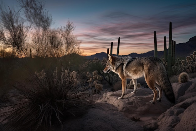 Cunning coyote among cacti and rocks at dusk generative IA