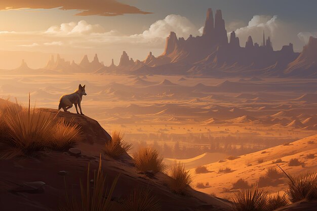 Cunning coyote watches the desert and oasis generative IA