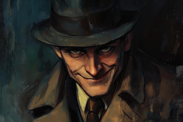 A cunning thief with piercing eyes and a sly grin dressed in a trench coat and hat emanates an air of mystery and mischief in the dimly lit scene