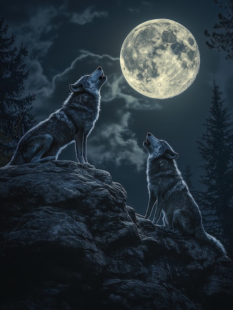 Photo cunning wolves howling at the full moon night